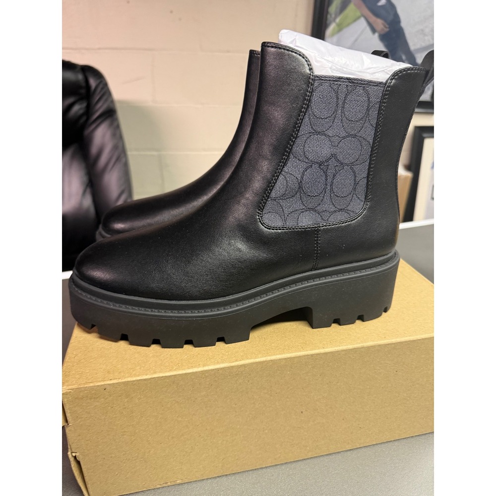 Coach Lucy Black Leather Chelsea Boots Signature Jacquard CCH14 Mens 9B Lug Sole - Picture 4 of 9